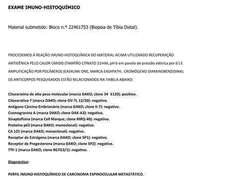 Figura 26: Laudo de Imunohistoquímica com diagnóstico de Carcinoma espinocelular metastático