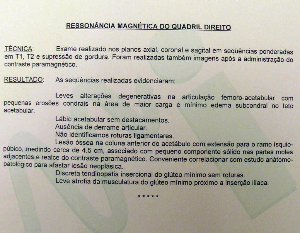 Figura 8: Laudo da Rm do quadril direito.