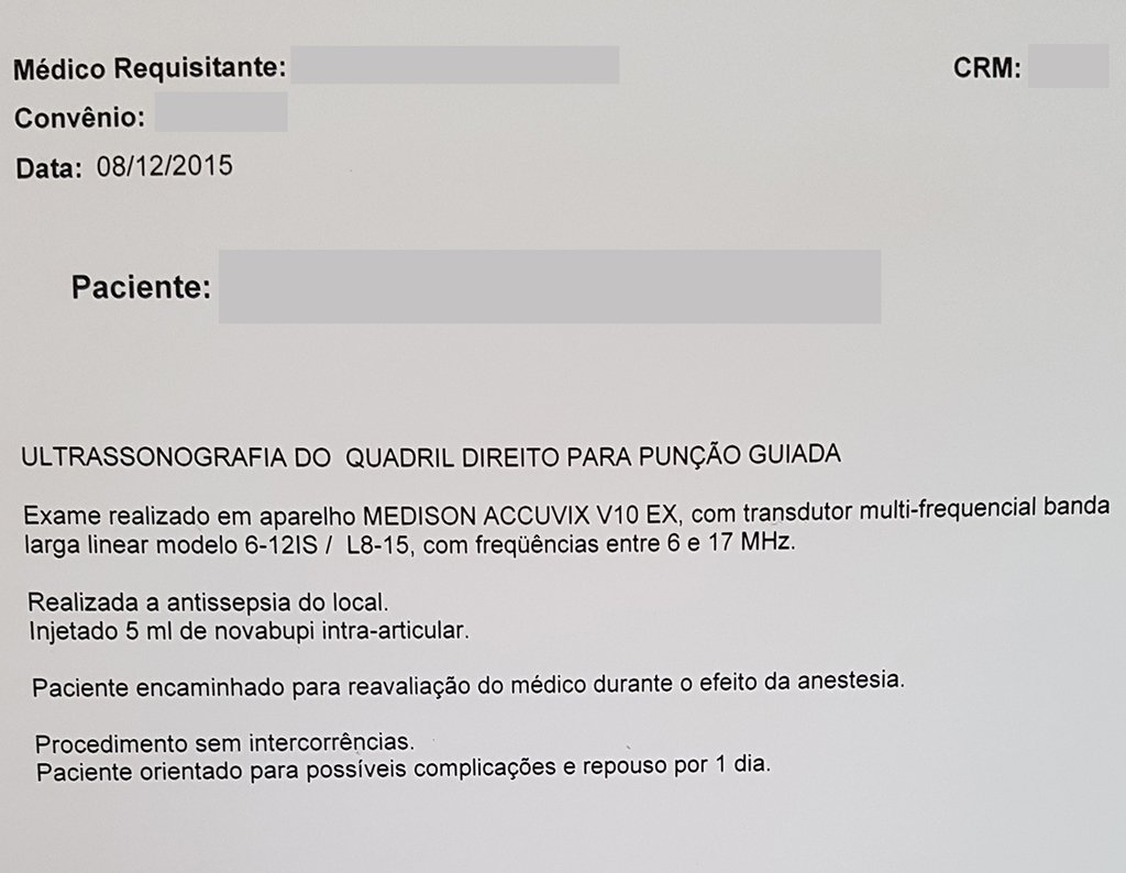 Figura 25: Laudo da ultrassonografia realizada em 08/12/2016, para orientação da infiltração articular.