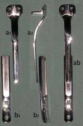 Figure 5: a1 proximal plate, front view, b1 distal plate, front view, a2 proximal plate, side view, b2 distal plate, side view and ab fitting of the two plates, mounting the device